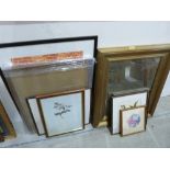 A gilt framed mirror, picture frame, botanical and other pictures