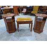 A piano stool and a pair of hexagonal cupboards