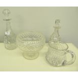 A cut class fruit bowl, two decanters and a lemonade jug