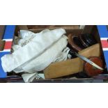 A box of textiles, Chinese pot stands etc.