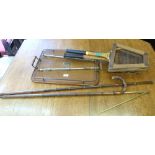 A walking stick with integral measuring stick and spirit level; an oak tray, a walking cane, two