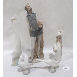 A Lladro figure; two Lladro geese, a Nao figure and goose