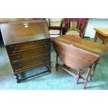 An oak writing bureau and an oak barleytwist dropleaf table