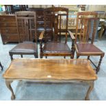 Three beechwood barleytwist chairs and a coffee table