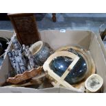 Three boxes of wood, metalware and sundries