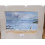 ENGLISH SCHOOL. 20TH CENTURY Beach scene with a boy flying a kite. Signed initials P.H.