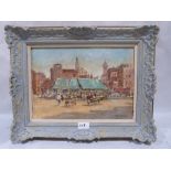 JOHN W. GOUGH. BRITISH 20TH CENTURY Venice Market. Signed, inscribed verso. Oil on board 10' x 14'