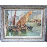 ITALIAN SCHOOL. 20TH CENTURY Venetian fisherman mending their nets. Indistinctly signed. Oil on