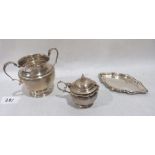 A silver two handled cup, a silver trinket dish and a silver mustard. 6ozs 10dwts
