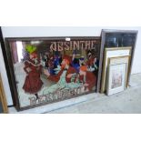 An Absinthe advertising mirror of recent manufacture, a watercolour and three prints