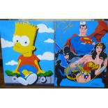 D.P.HILL. BRITISH 21ST CENTURY Bart Simpson; Superman and Wonder Woman. A pair, acrylics on canvas