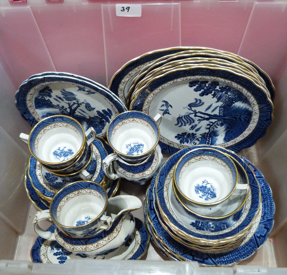 A box of Booths Real Old Willow tea and dinnerware