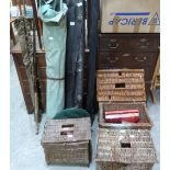 A quantity of fishing equipment to include rods, three baskets, tackle etc.