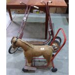 A push-a-long toy horse by International Model Aircraft together with two vintage scooters (3)