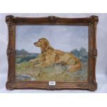 JOHN W. GOUGH. BRITISH 20TH CENTURY Study of a retriever in a landscape. Signed. Oil on board 14'