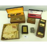 A Waterman cartridge pen , Zippo lighter, an olive wood stamp box and other objects