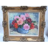 JOHN W. GOUGH. BRITISH 20TH CENTURY Pink Roses. Signed, inscribed verso. Oil on board 15' x 18½'