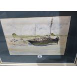 A watercolour beach scene signed Rudd, two 1950s fashion prints and a signed print after G. Vernon