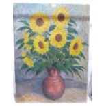JOHN W. GOUGH. BRITISH 20TH CENTURY Sunflowers in a vase. Signed. Oil on canvas 40' x 30'. Unframed