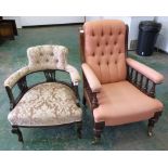 A Victorian walnut fireside chair with deep buttoned upholstered back, together with an Edward VII