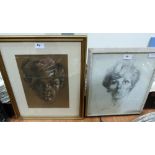 A portrait pencil drawing of a lady signed Alys L. Woodman (1897-1987) and another of a boy signed