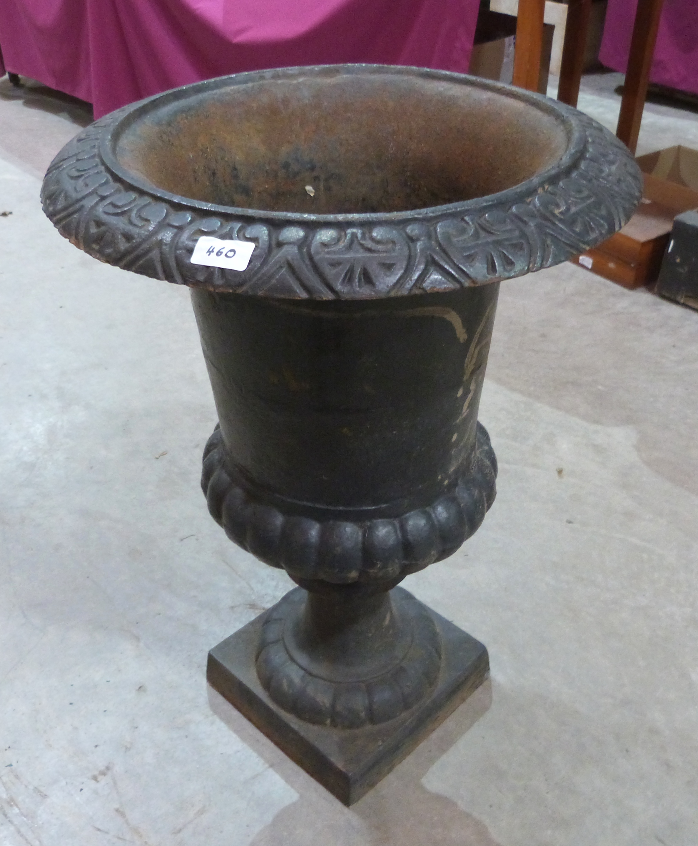 A Victorian cast iron campana garden urn. 27½" high