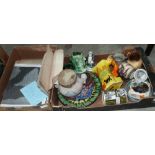 A box of ceramics, a box of ephemera and a box of sundries