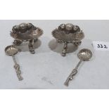 A pair of Victorian silver scallop shell salts with spoons. Birmingham 1891