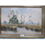 PETER L. OLIVER. BRITISH 1927-2006 Flighting into Decoys. Signed and dated '77, inscribed verso. Oil