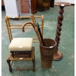A barleytwist jardiniere stand; an oak stickstand with sticks, two stools and a towel rail (5)