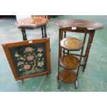 An oak folding cakestand; an oak oval occasional table; a tapestry firescreen and an inlaid