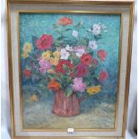 JOHN. W. GOUGH. BRITISH 20TH CENTURY Flowers in a Copper Jug. Signed, inscribed verso. Oil on board.