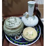 A reticulated vase; an Italian ceramic box; a Turkish dish and two small earthenware studio