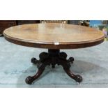 A Victorian walnut supper table with burr veneered oval snap-top. 53' long