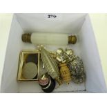 A box of coins, jewellery and sundries