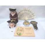 Two Royal Doulton character jugs; an ivory fan with lace leaf; two A.A. badges and an album of