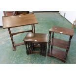 An oak lecturn, and oak etagére and a nest of three beechwood occasional tables