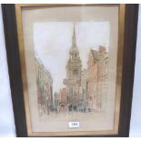 ENGLISH SCHOOL. 20TH CENTURY A city street scene. Indistinctly signed. Watercolour 14' x 9¾'