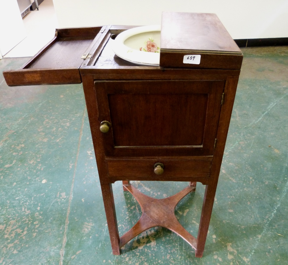A George III mahogany gentleman's washstand, the divided hinged lid top enclosing a washbowl of