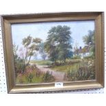 EDITH COLE. BRITISH 20TH CENTURY Country path with cottages. Signed. Oil on board. 12' x 16'