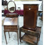 A mahogany lady's writing bureau; a dressing table mirror; an oak tea trolley and a bowfronted