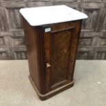 A MARBLE TOPPED STAINED WOOD POT CUPBOARD