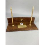 AN OAK DESK SET WITH RANGERS FOOTBALL CLUB PLAQUE