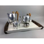 A PIQUOT WARE THREE PIECE TEA SERVICE ON TRAY AND OTHER ITEMS