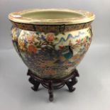 A SMALL ASIAN CERAMIC FISH BOWL ON STAND AND FOUR OTHER ASIAN ITEMS
