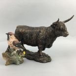 A BORDER FINE ARTS BRONZED RESIN HIGHLAND COW ALONG WITH A ROBIN