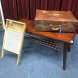 A VINTAGE LEATHER SUITCASE, A STAINED WOOD COFFEE TABLE AND A VINTAGE WASHBOARD