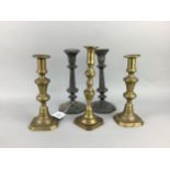 A PAIR OF EARLY 19TH CENTURY PEWTER CANDLESTICKS ALONG WITH THREE BRASS CANDLESTICKS