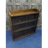 A MAHOGANY GLASS FRONTED BOOKCASE ALONG WITH A PINE SHELVING UNIT