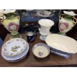 A WEDGWOOD URN SHAPED VASE AND OTHER PLATES AND VASES